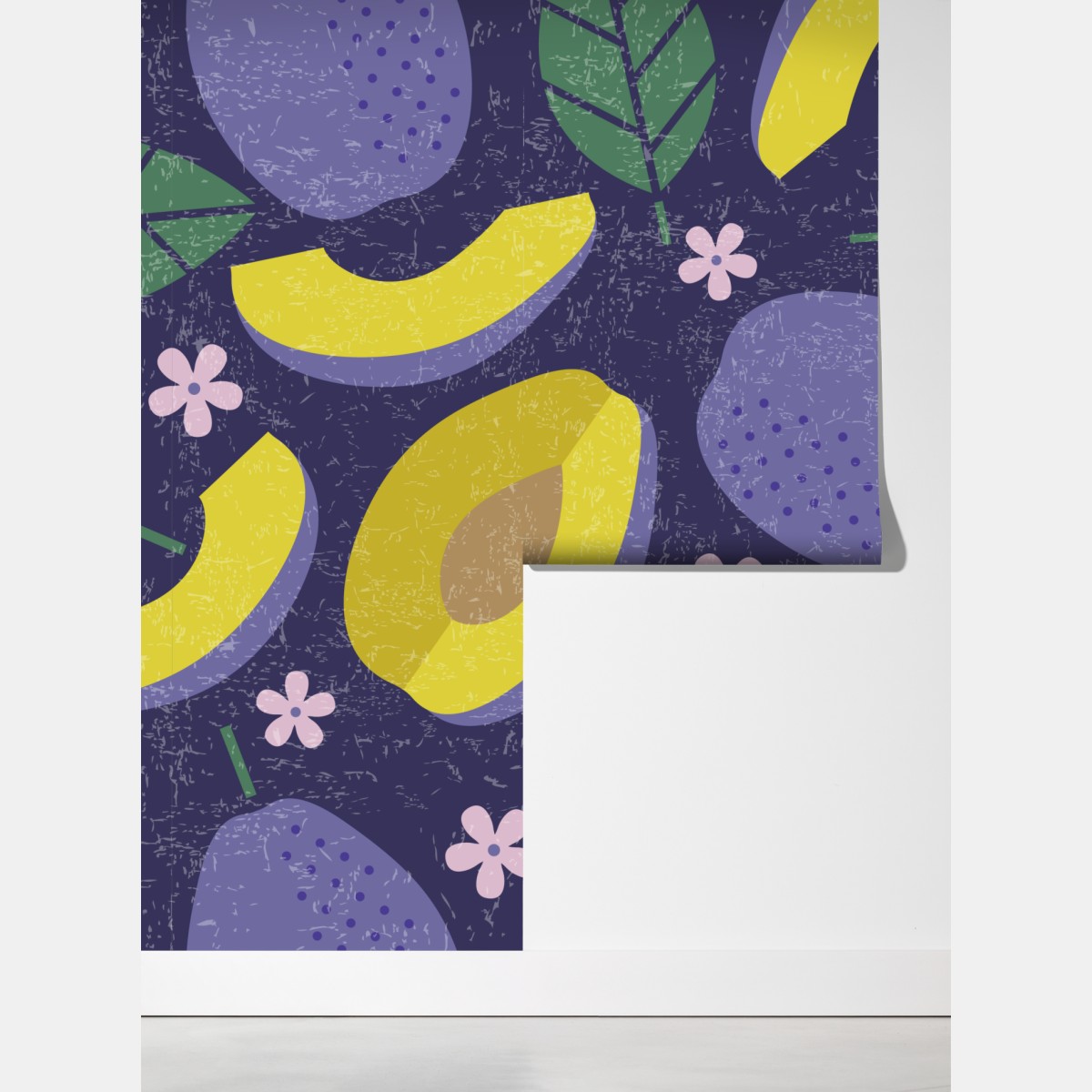 Fototapeta radosny wzór ze śliwkami i liśćmi – Wallissimo® Fototapeta radosny wzór ze śliwkami i liśćmi – Wallissimo®