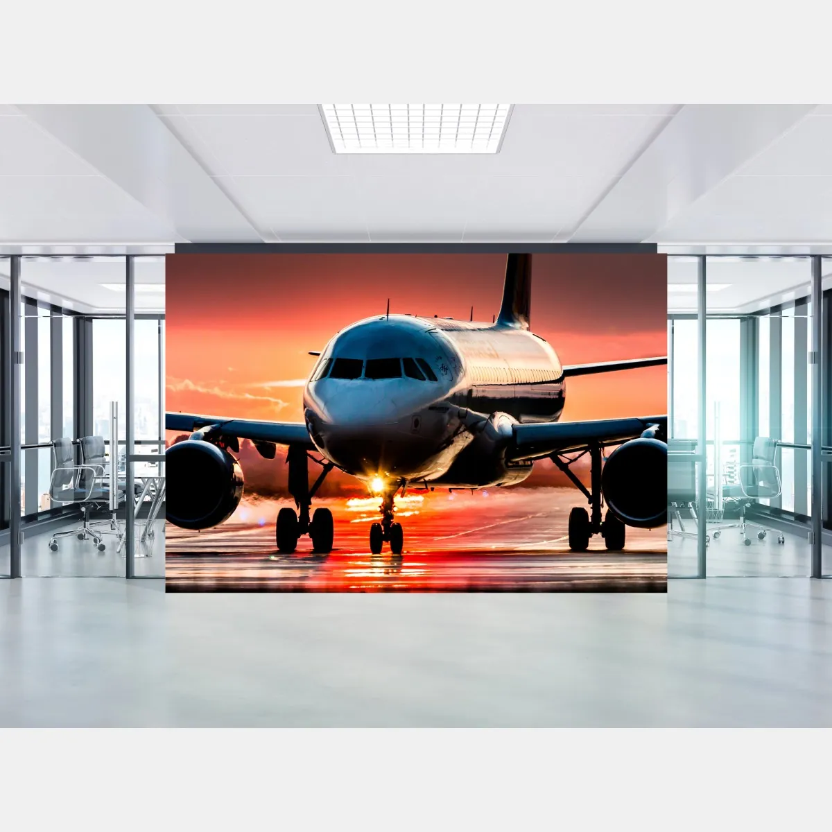 Fototapeta odrzutowiec przy zachodzie słońca na pasie startowym – Wallissimo® Fototapeta odrzutowiec przy zachodzie słońca na pasie startowym – Wallissimo®