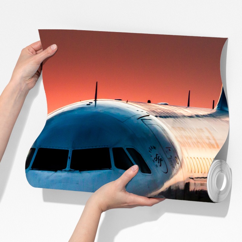 Fototapeta odrzutowiec przy zachodzie słońca na pasie startowym – Wallissimo® Fototapeta odrzutowiec przy zachodzie słońca na pasie startowym – Wallissimo®