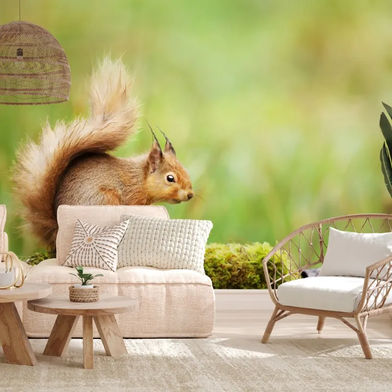 Wall mural curious red squirrel on mossy log