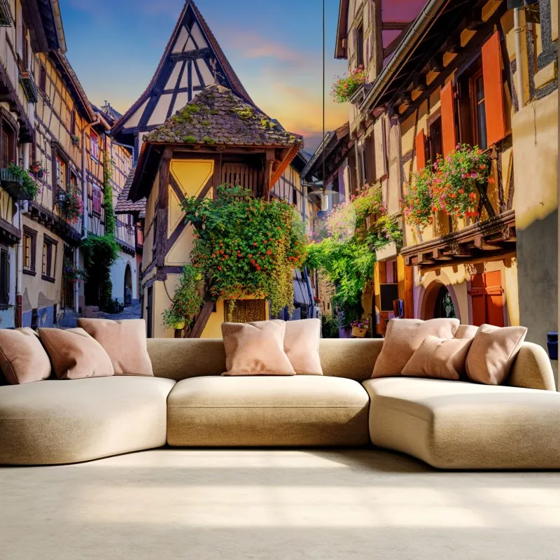 Wall mural charming half-timbered street in Eguisheim, Alsace