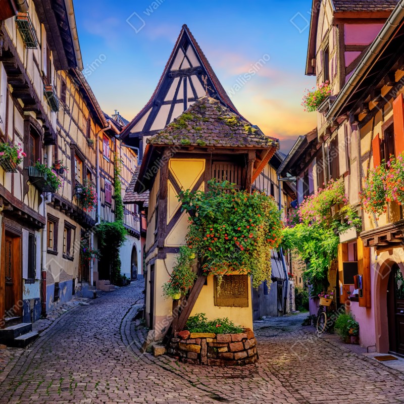 Fototapeta urokliwa ulica domów szachulcowych w Eguisheim, Alsacja – Wallissimo® Fototapeta urokliwa ulica domów szachulcowych w Eguisheim, Alsacja – Wallissimo®
