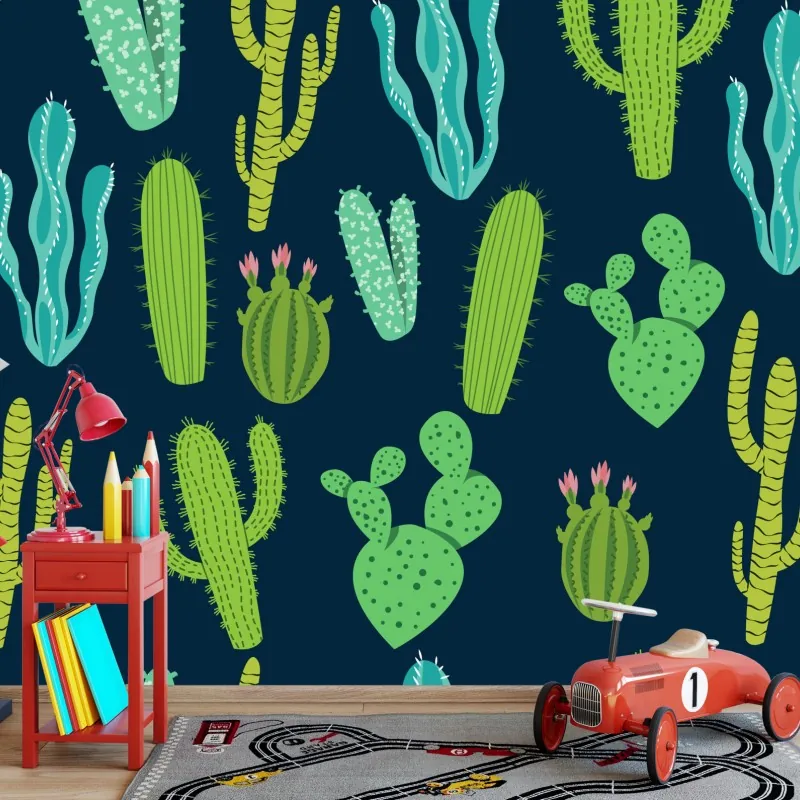 Wall mural green cactus and succulent pattern