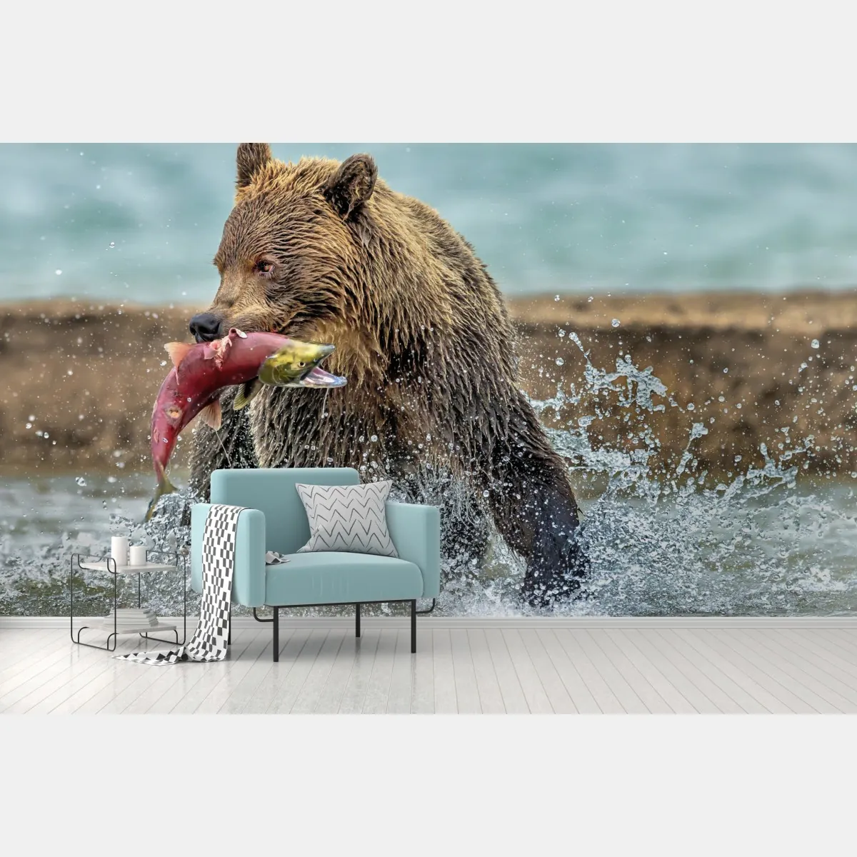 Fototapeta niedźwiedź łapiący łososia w rzece – Wallissimo® Fototapeta niedźwiedź łapiący łososia w rzece – Wallissimo®