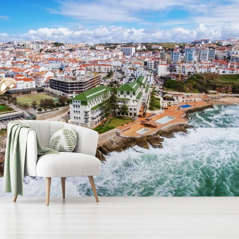Fototapeta widok z lotu ptaka na nadmorskie miasteczko z falami – Wallissimo® Fototapeta widok z lotu ptaka na nadmorskie miasteczko z falami – Wallissimo®