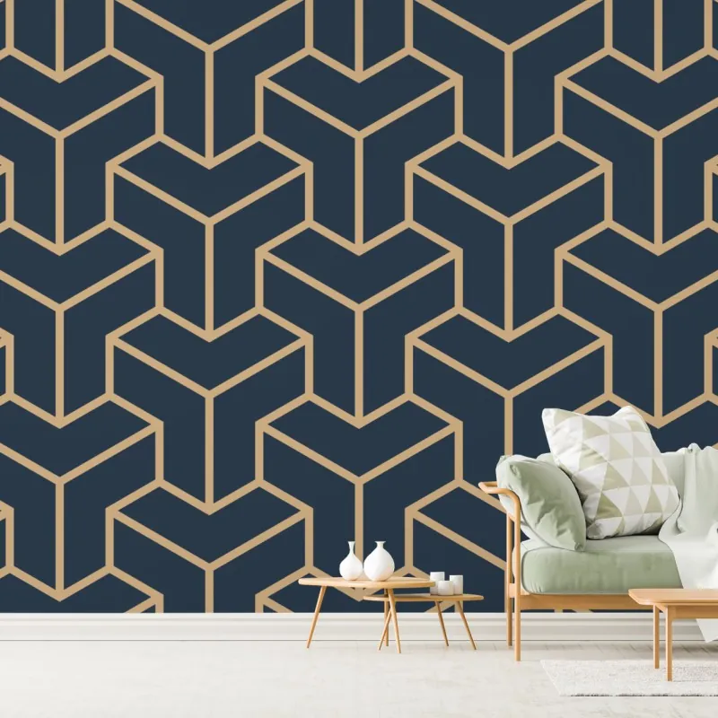 Wall mural navy geometric cube pattern