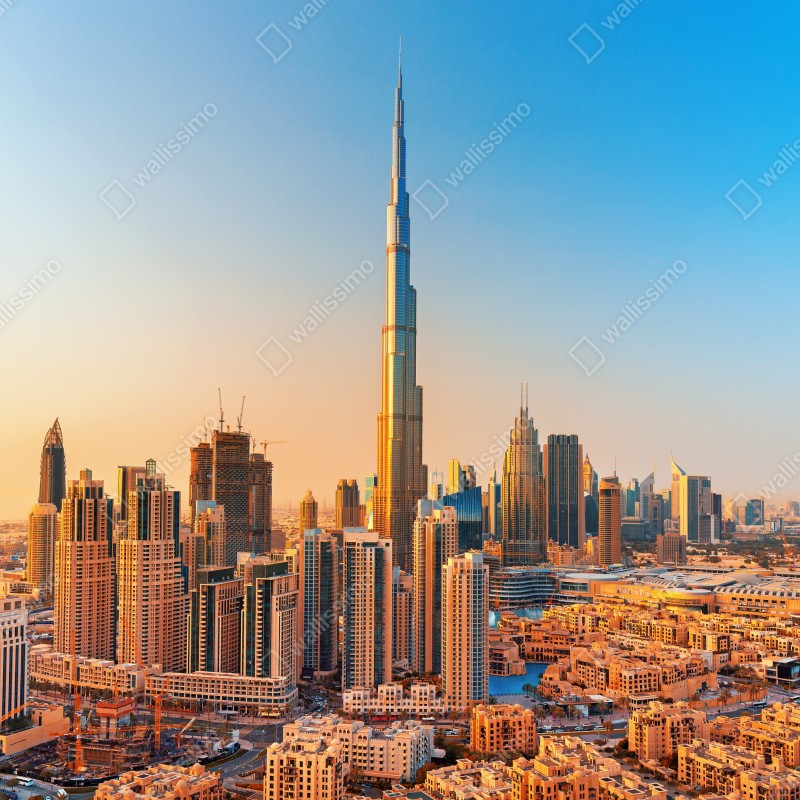Fototapeta panorama Dubaju o złotej godzinie – Wallissimo® Fototapeta panorama Dubaju o złotej godzinie – Wallissimo®