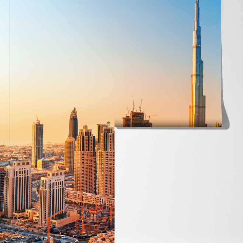 Fototapeta panorama Dubaju o złotej godzinie – Wallissimo® Fototapeta panorama Dubaju o złotej godzinie – Wallissimo®