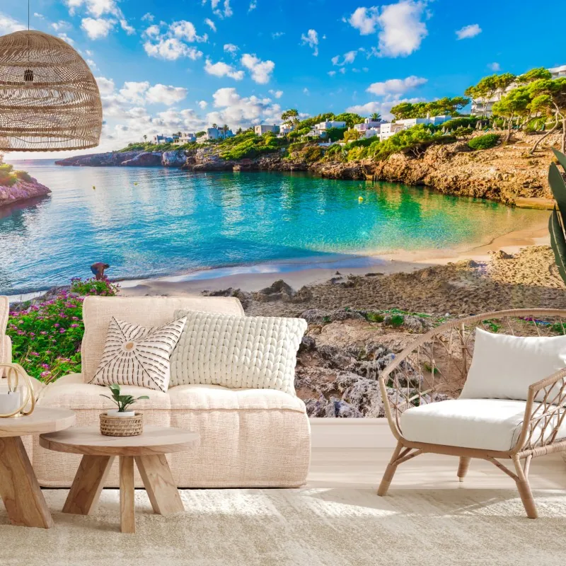 Wall mural sunlit Cala Esmeralda Mallorca turquoise cove