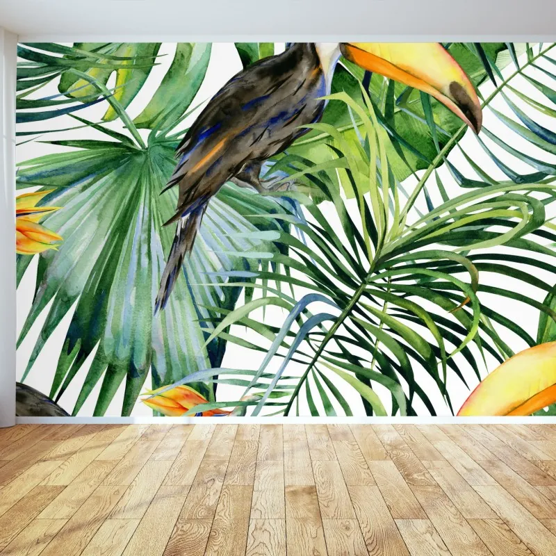 Wall mural watercolor tropical toucan pattern