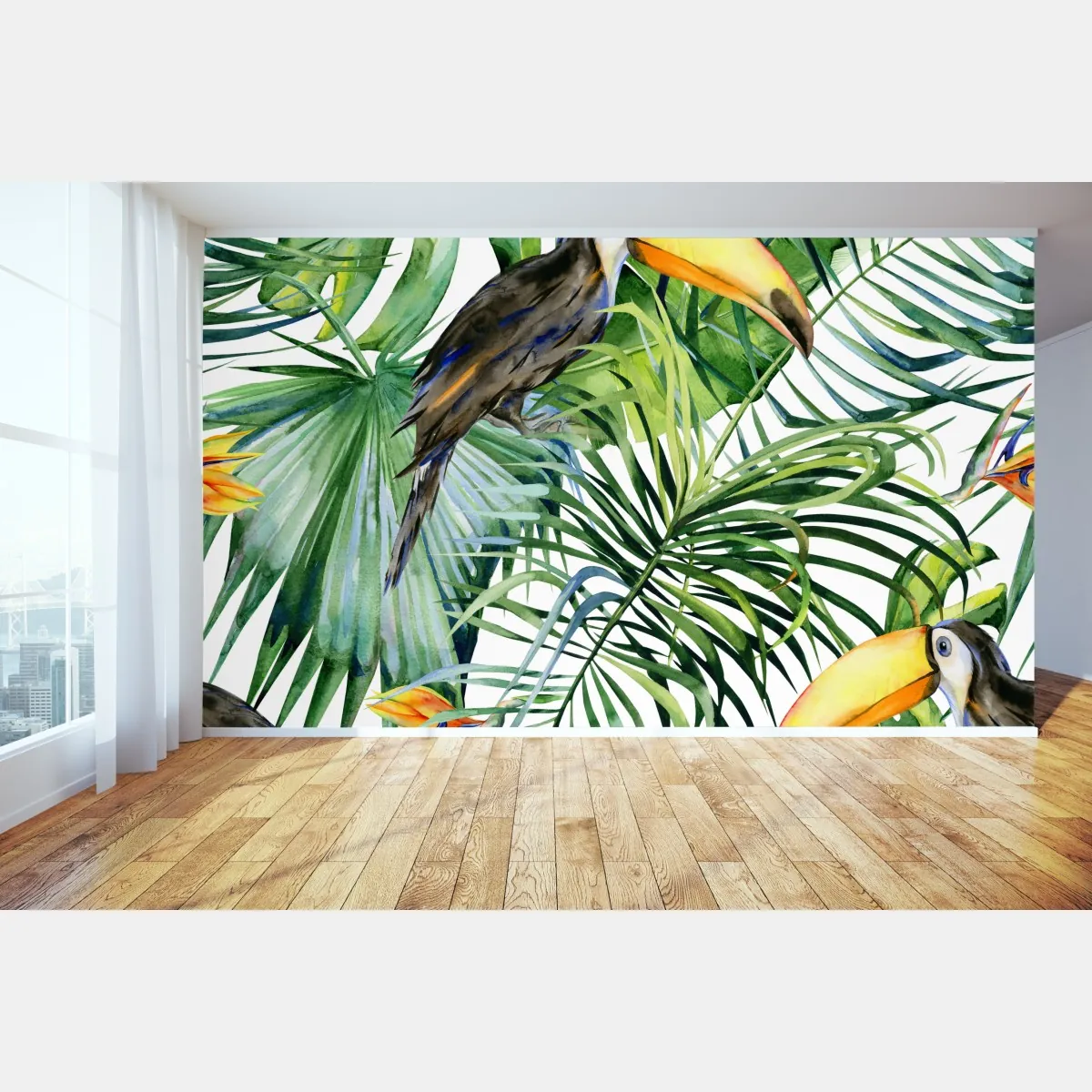 Fototapeta akwarelowy tukan w tropikalnym wzorze – Wallissimo® Fototapeta akwarelowy tukan w tropikalnym wzorze – Wallissimo®