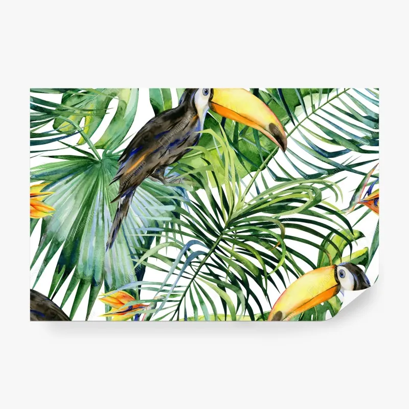 Wall mural watercolor tropical toucan pattern