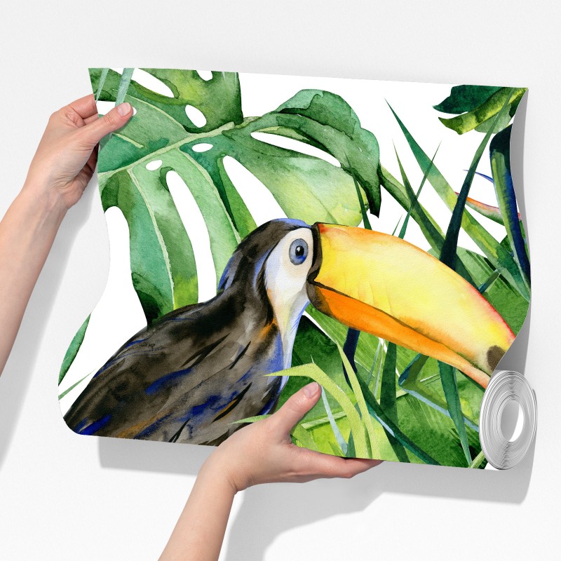 Fototapeta akwarelowy tukan w tropikalnym wzorze – Wallissimo® Fototapeta akwarelowy tukan w tropikalnym wzorze – Wallissimo®