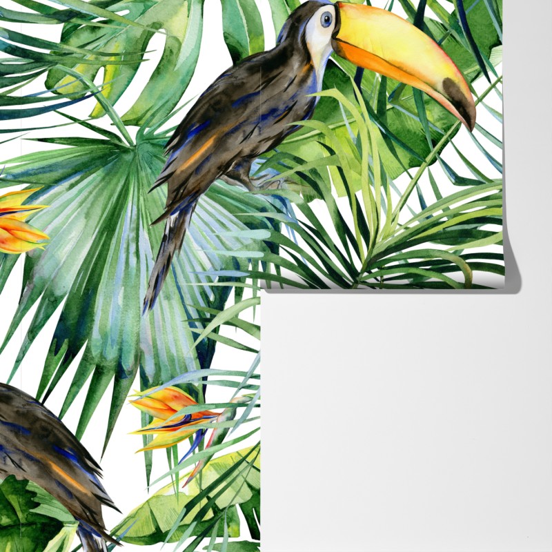 Fototapeta akwarelowy tukan w tropikalnym wzorze – Wallissimo® Fototapeta akwarelowy tukan w tropikalnym wzorze – Wallissimo®