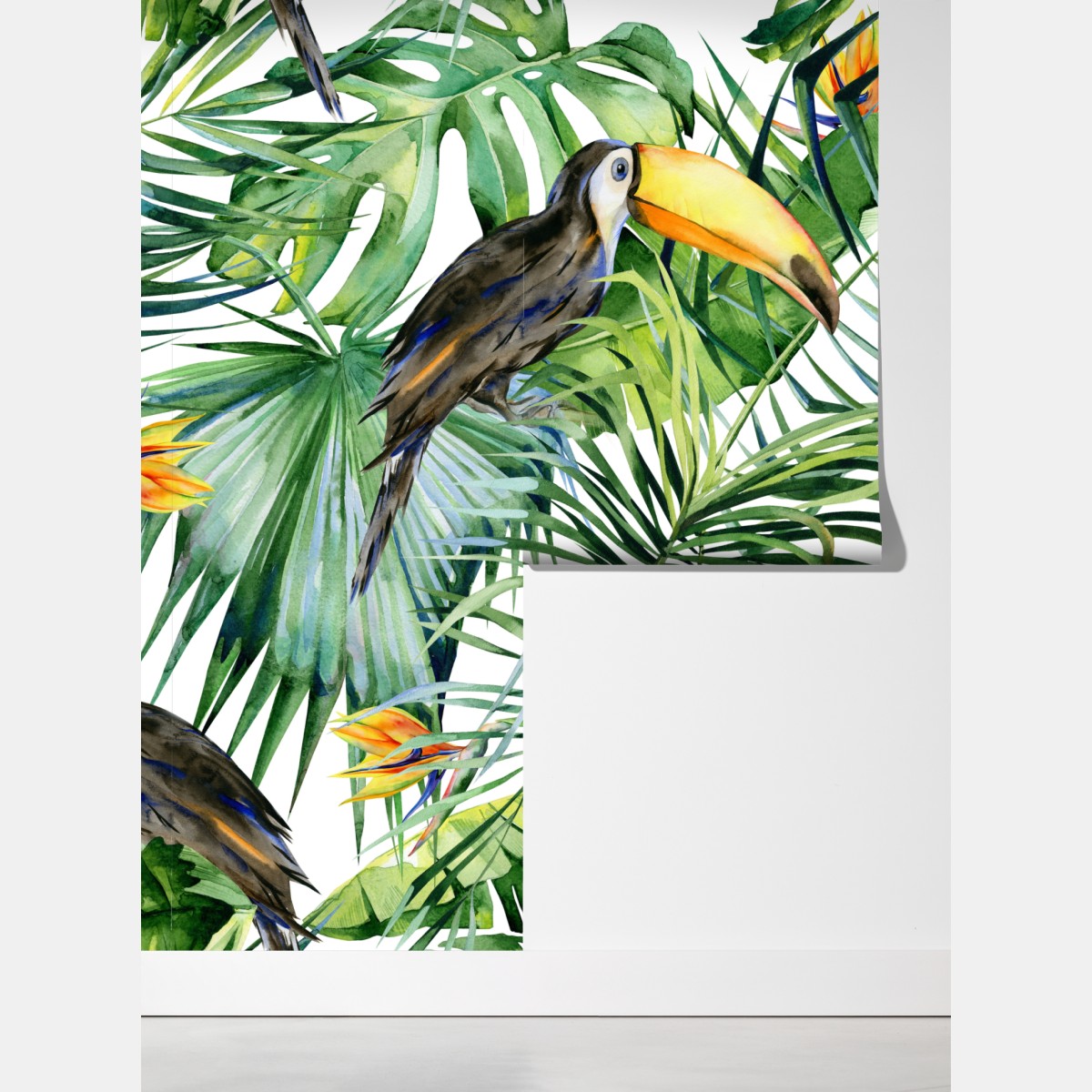 Fototapeta akwarelowy tukan w tropikalnym wzorze – Wallissimo® Fototapeta akwarelowy tukan w tropikalnym wzorze – Wallissimo®