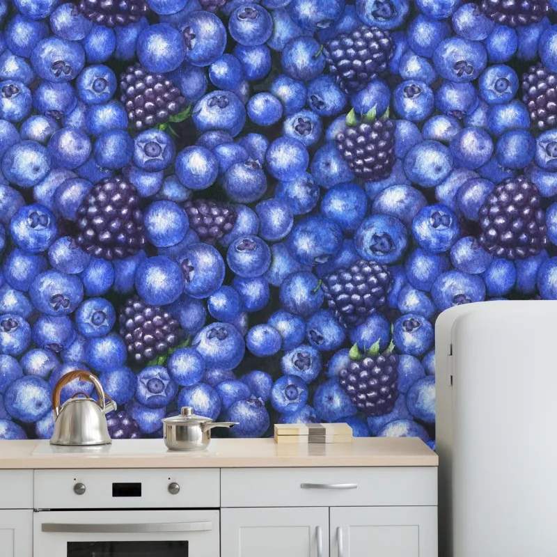 Wall mural blueberry and blackberry watercolor pattern