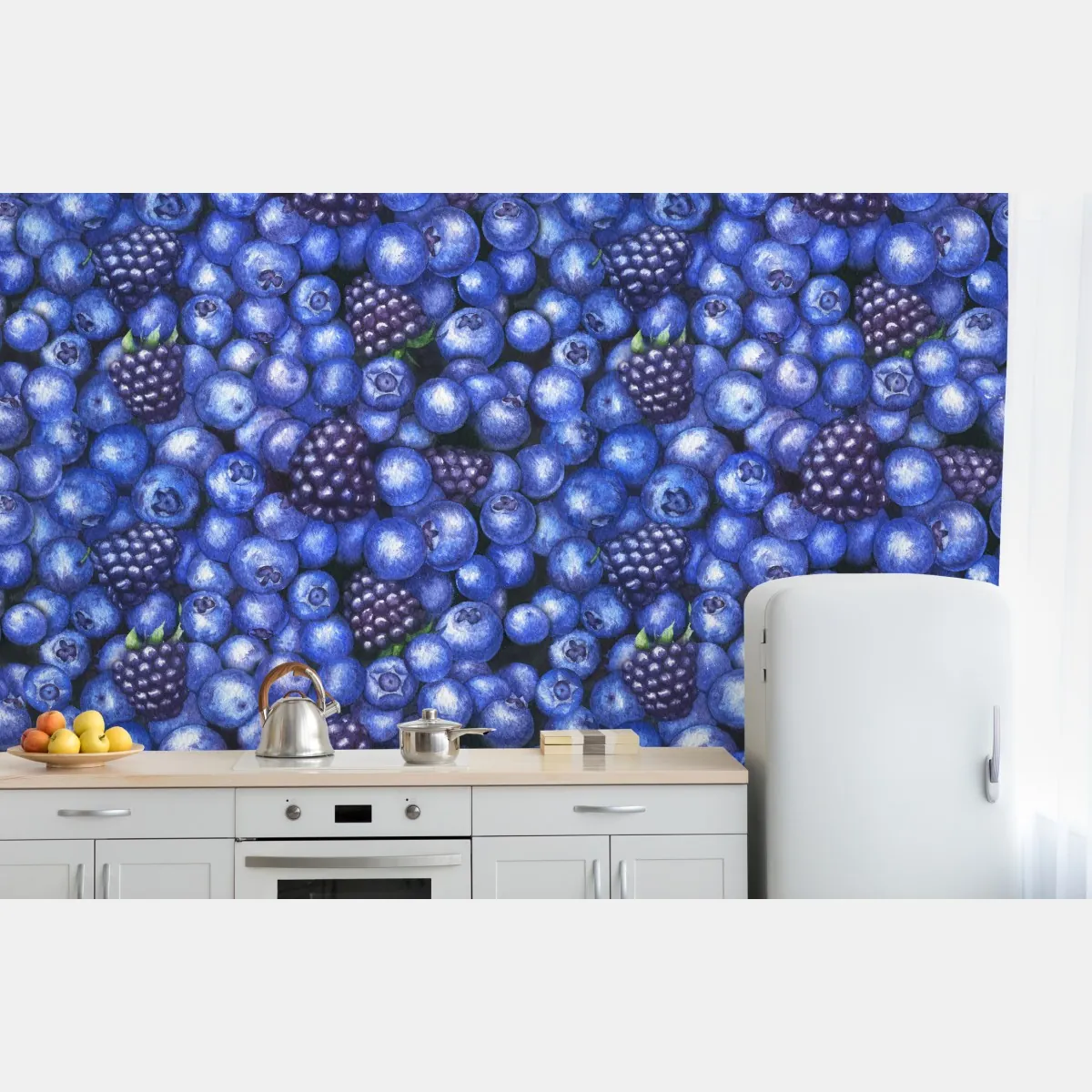 Fototapeta wzór akwarelowy z borówkami i jeżynami – Wallissimo® Fototapeta wzór akwarelowy z borówkami i jeżynami – Wallissimo®