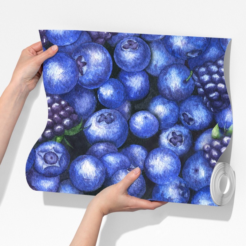 Fototapeta wzór akwarelowy z borówkami i jeżynami – Wallissimo® Fototapeta wzór akwarelowy z borówkami i jeżynami – Wallissimo®