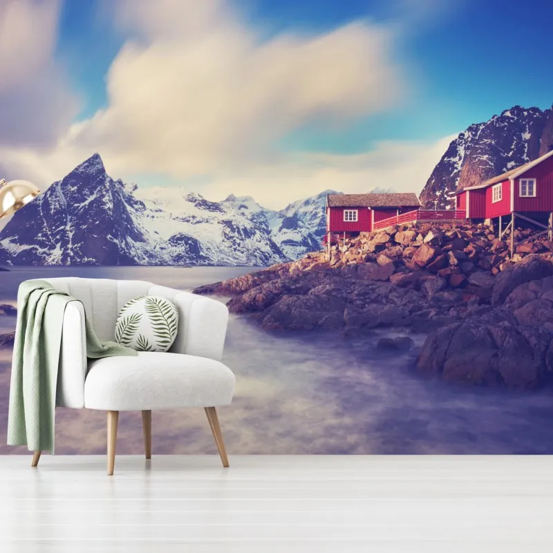 Fototapeta górski nadmorski krajobraz z czerwonymi domkami – Wallissimo® Fototapeta górski nadmorski krajobraz z czerwonymi domkami – Wallissimo®