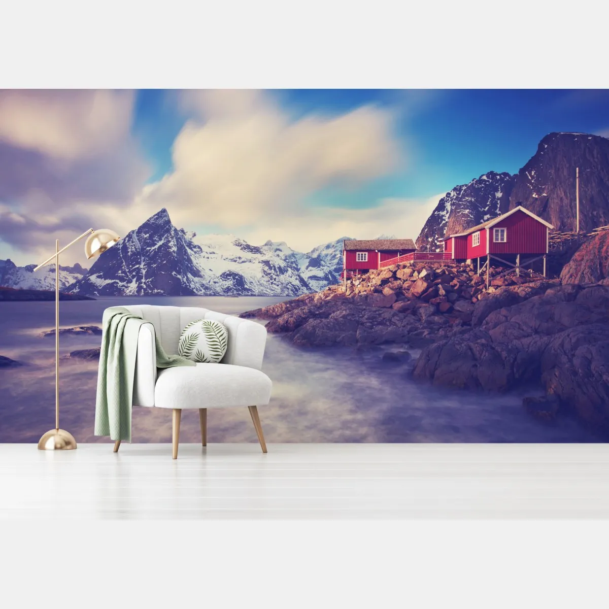 Fototapeta górski nadmorski krajobraz z czerwonymi domkami – Wallissimo® Fototapeta górski nadmorski krajobraz z czerwonymi domkami – Wallissimo®