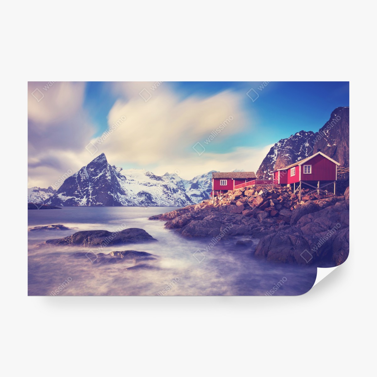 Fototapeta górski nadmorski krajobraz z czerwonymi domkami – Wallissimo® Fototapeta górski nadmorski krajobraz z czerwonymi domkami – Wallissimo®