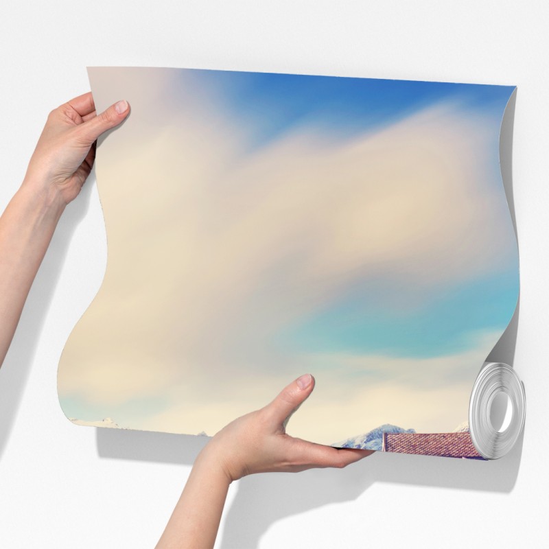 Fototapeta górski nadmorski krajobraz z czerwonymi domkami – Wallissimo® Fototapeta górski nadmorski krajobraz z czerwonymi domkami – Wallissimo®