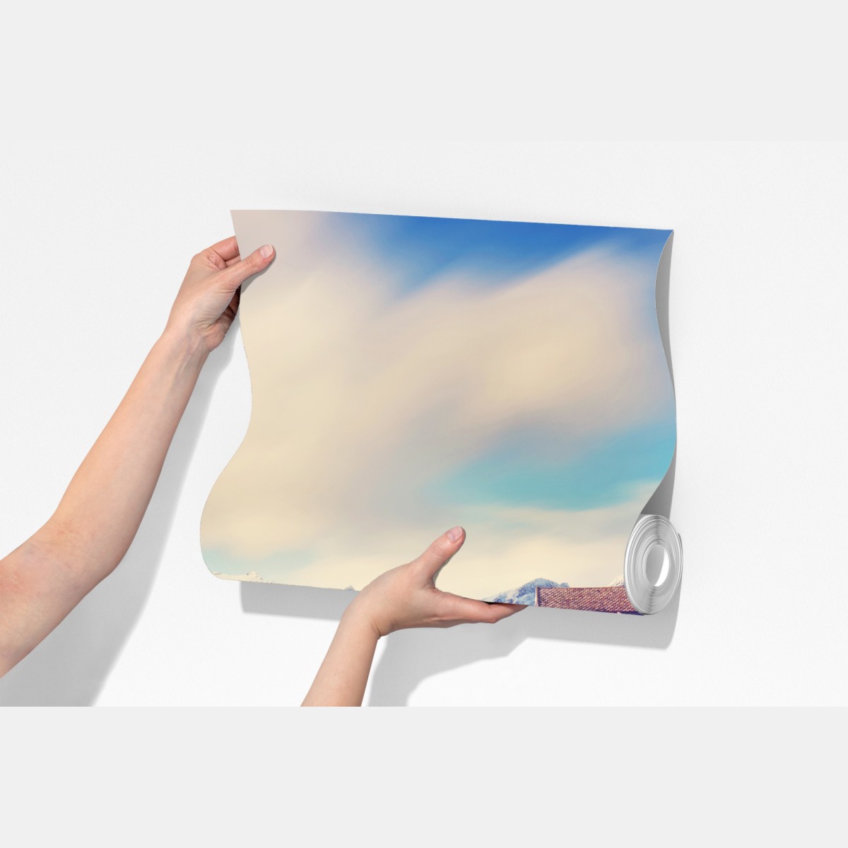 Fototapeta górski nadmorski krajobraz z czerwonymi domkami – Wallissimo® Fototapeta górski nadmorski krajobraz z czerwonymi domkami – Wallissimo®