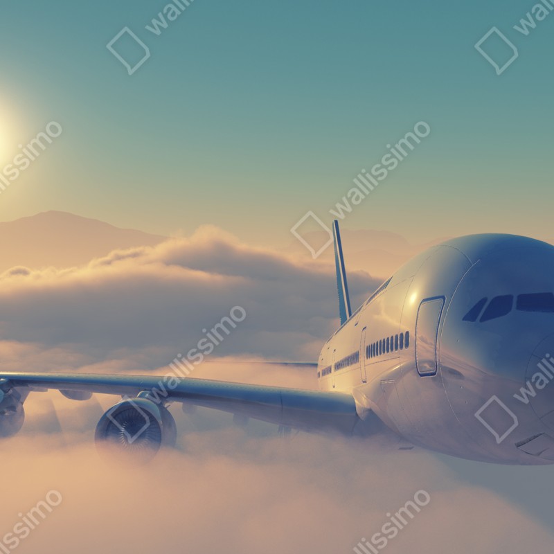 Fototapeta samolot nad chmurami o wschodzie słońca – Wallissimo® Fototapeta samolot nad chmurami o wschodzie słońca – Wallissimo®