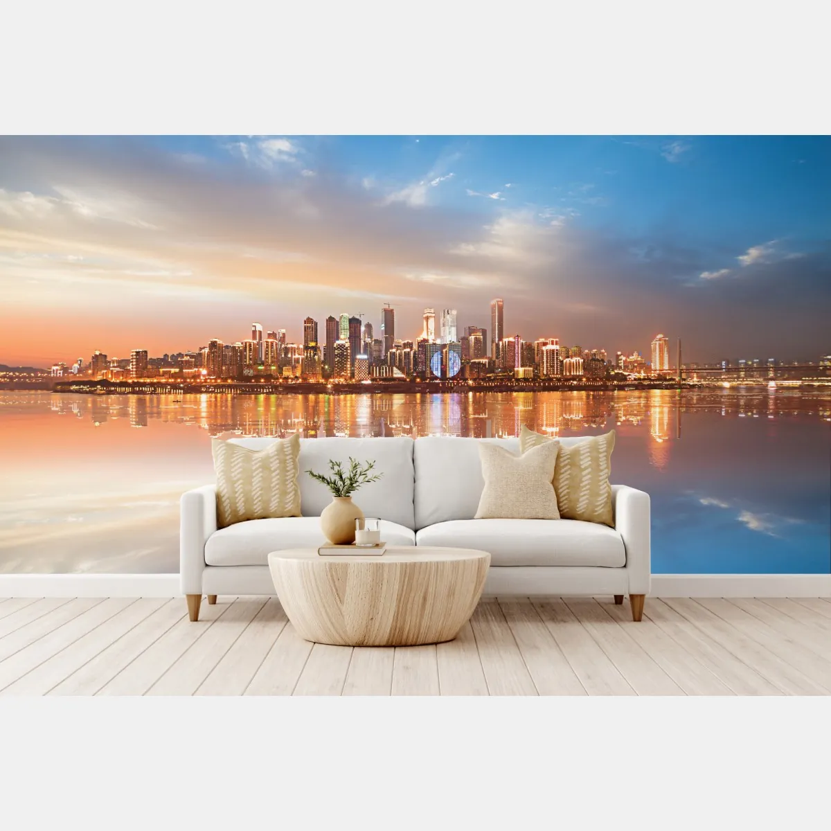 Fototapeta panorama miasta odbita w wodzie o zmierzchu – Wallissimo® Fototapeta panorama miasta odbita w wodzie o zmierzchu – Wallissimo®