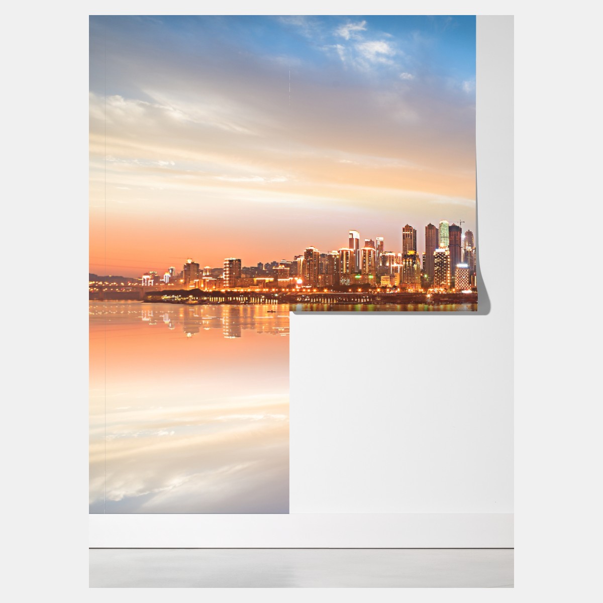 Fototapeta panorama miasta odbita w wodzie o zmierzchu – Wallissimo® Fototapeta panorama miasta odbita w wodzie o zmierzchu – Wallissimo®