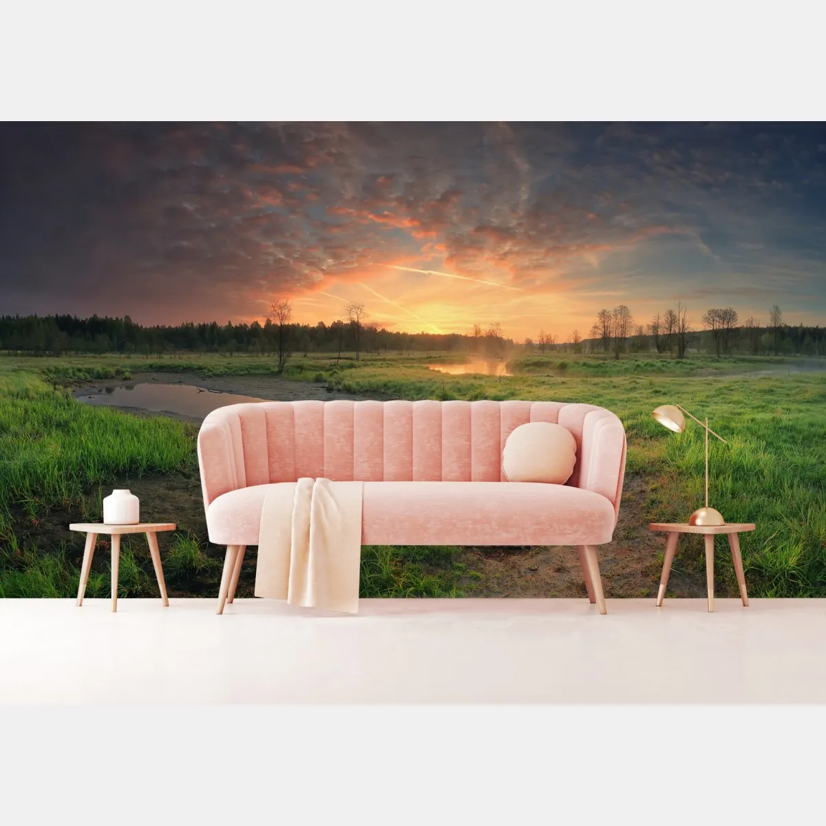 Fototapeta zachód słońca nad spokojną łąką – Wallissimo® Fototapeta zachód słońca nad spokojną łąką – Wallissimo®