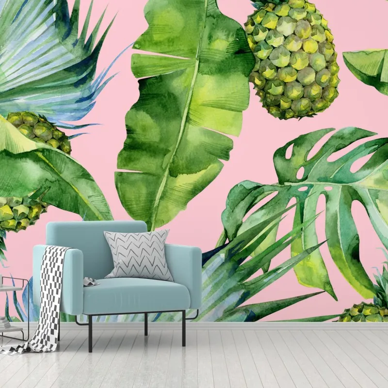 Wall mural tropical pineapple watercolor pattern on pink