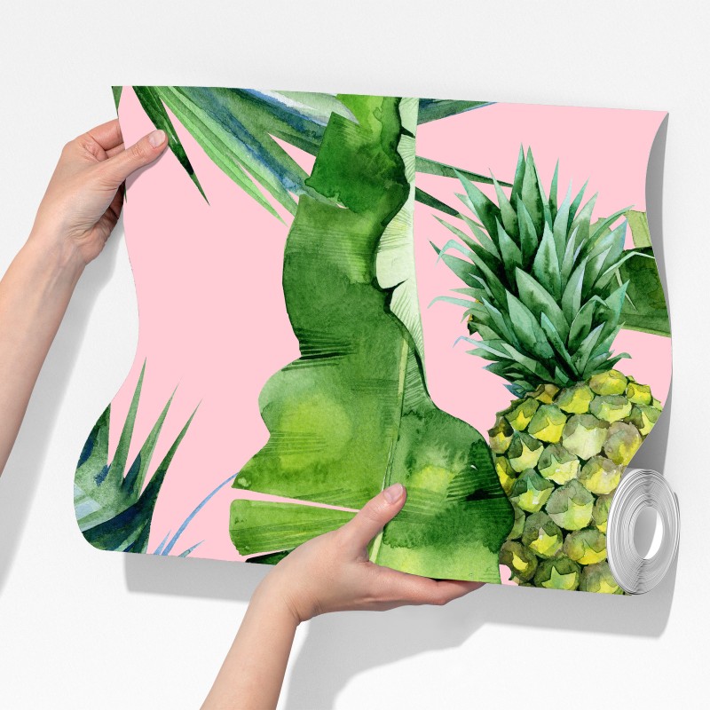 Fototapeta tropikalny wzór ananasów i liści w akwareli na różowym tle – Wallissimo® Fototapeta tropikalny wzór ananasów i liści w akwareli na różowym tle – Wallissimo®