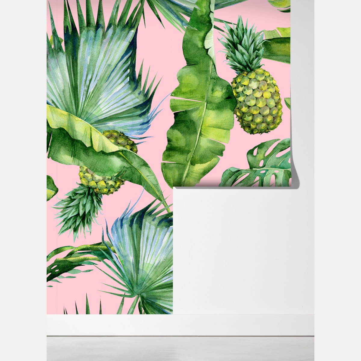 Fototapeta tropikalny wzór ananasów i liści w akwareli na różowym tle – Wallissimo® Fototapeta tropikalny wzór ananasów i liści w akwareli na różowym tle – Wallissimo®