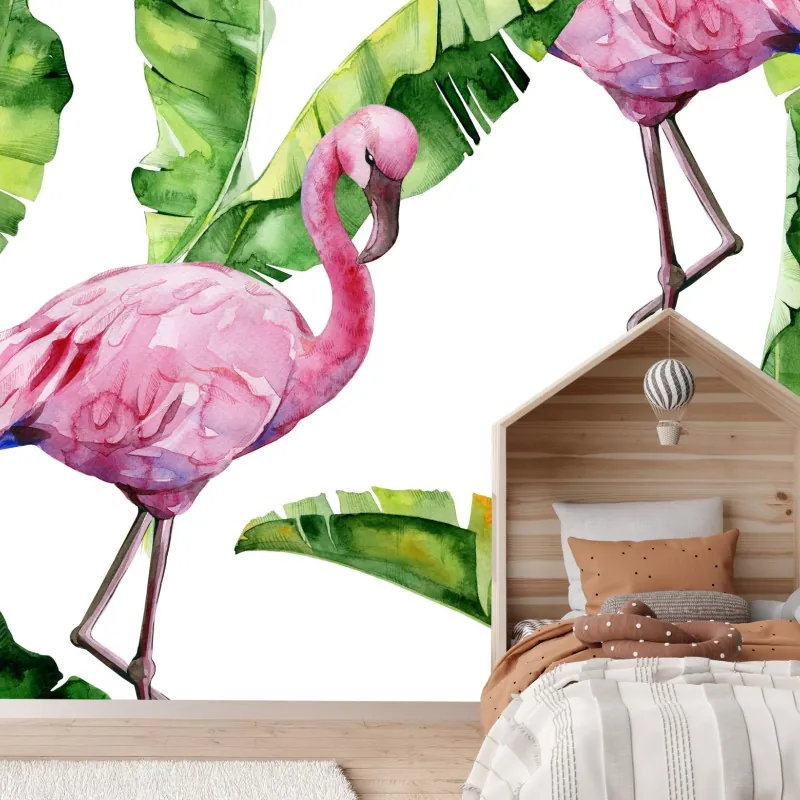 Wall mural pink flamingo watercolor pattern