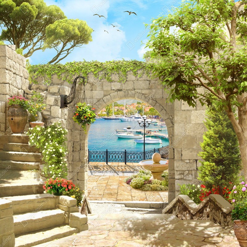 Fototapeta śródziemnomorski widok przez arkadę – Wallissimo® Fototapeta śródziemnomorski widok przez arkadę – Wallissimo®