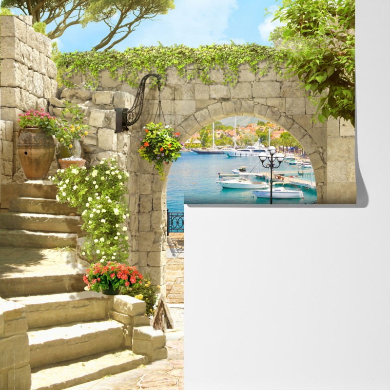 Fototapeta śródziemnomorski widok przez arkadę – Wallissimo® Fototapeta śródziemnomorski widok przez arkadę – Wallissimo®