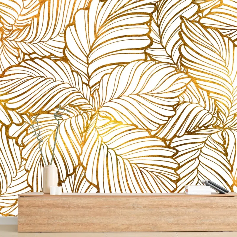 Wall mural golden leaf line art pattern