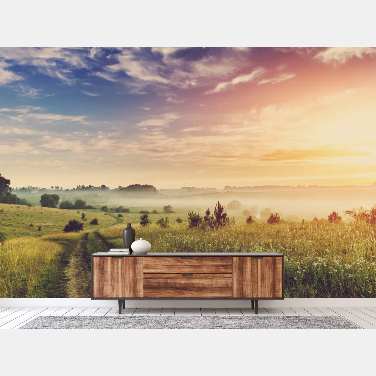 Fototapeta mglisty wschód słońca nad wiejską łąką – Wallissimo® Fototapeta mglisty wschód słońca nad wiejską łąką – Wallissimo®