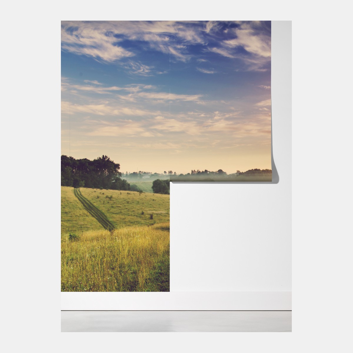 Fototapeta mglisty wschód słońca nad wiejską łąką – Wallissimo® Fototapeta mglisty wschód słońca nad wiejską łąką – Wallissimo®