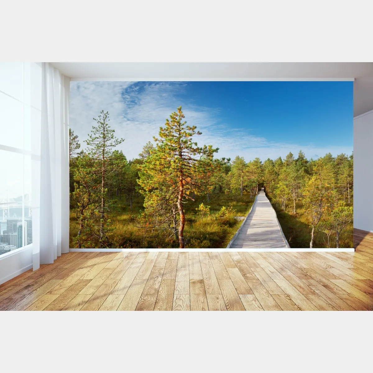 Fototapeta słoneczna kładka w sosnowym lesie – Wallissimo® Fototapeta słoneczna kładka w sosnowym lesie – Wallissimo®