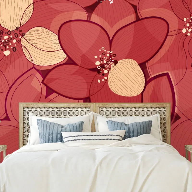 Wall mural red floral pattern with beige centers