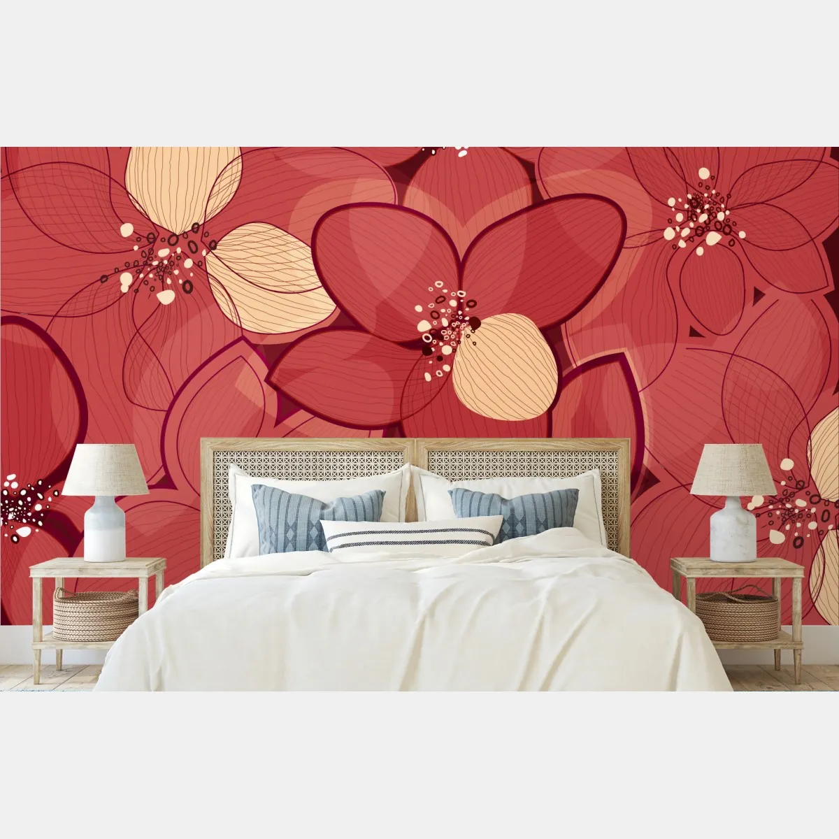 Fototapeta czerwony kwiatowy wzór z beżowymi środkami – Wallissimo® Fototapeta czerwony kwiatowy wzór z beżowymi środkami – Wallissimo®