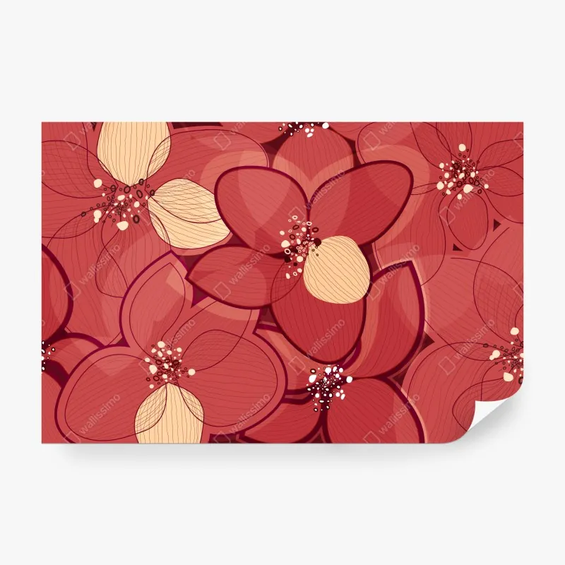 Wall mural red floral pattern with beige centers