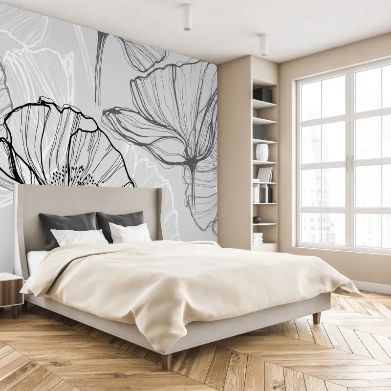 Wall mural delicate gray poppy line art