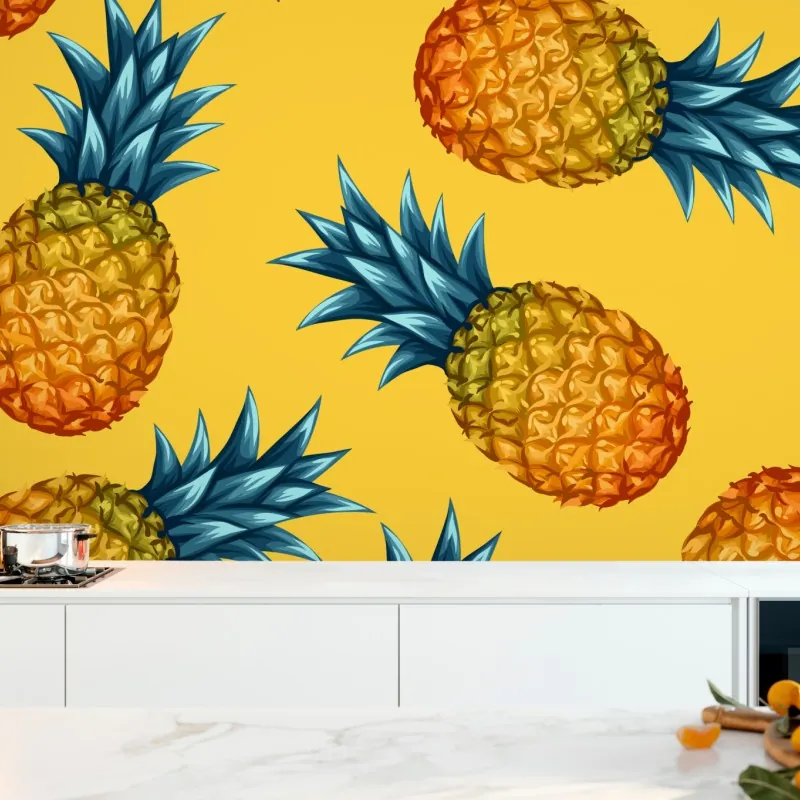 Wall mural tropical pineapple pattern on yellow background