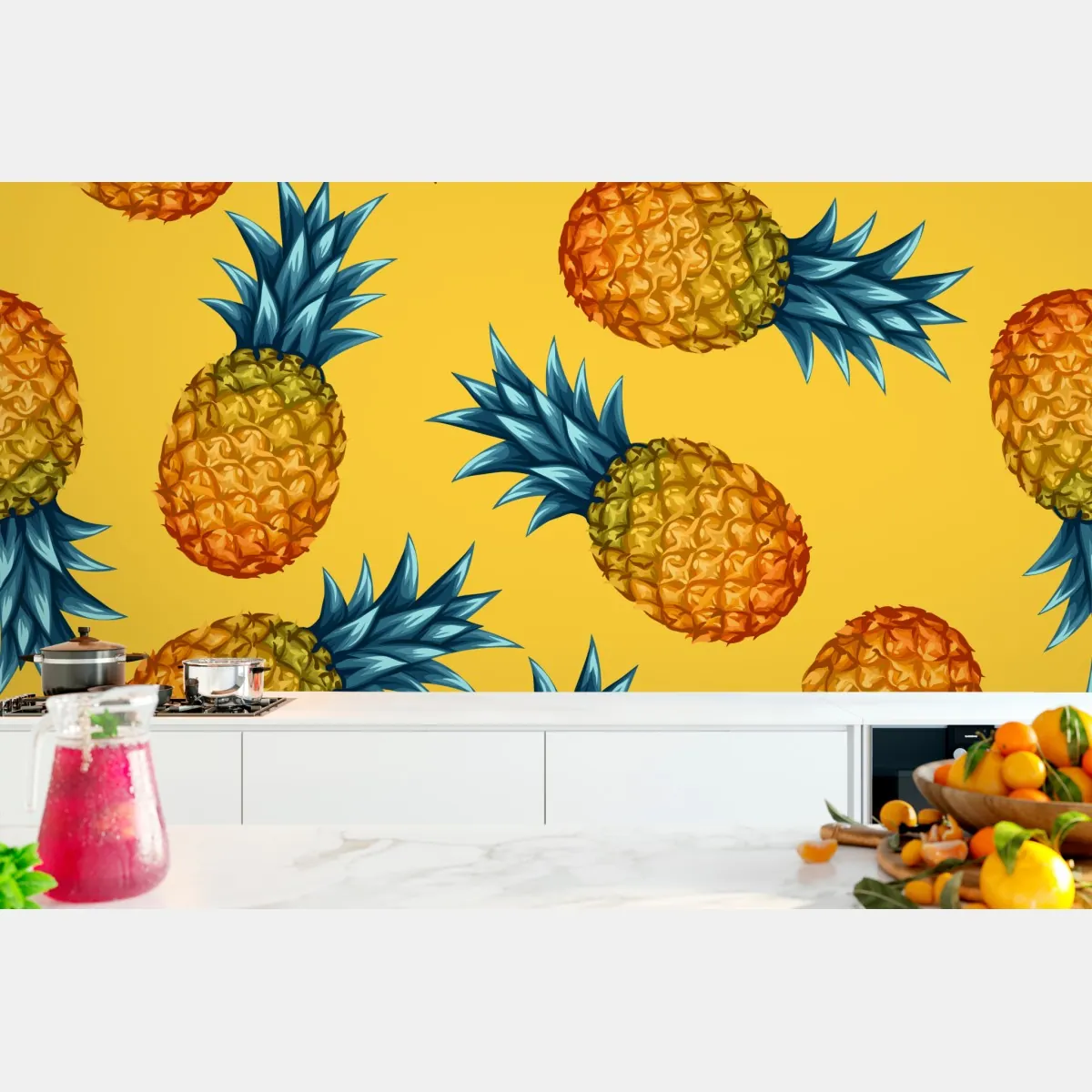 Fototapeta tropikalny wzór z ananasami na żółtym tle – Wallissimo® Fototapeta tropikalny wzór z ananasami na żółtym tle – Wallissimo®