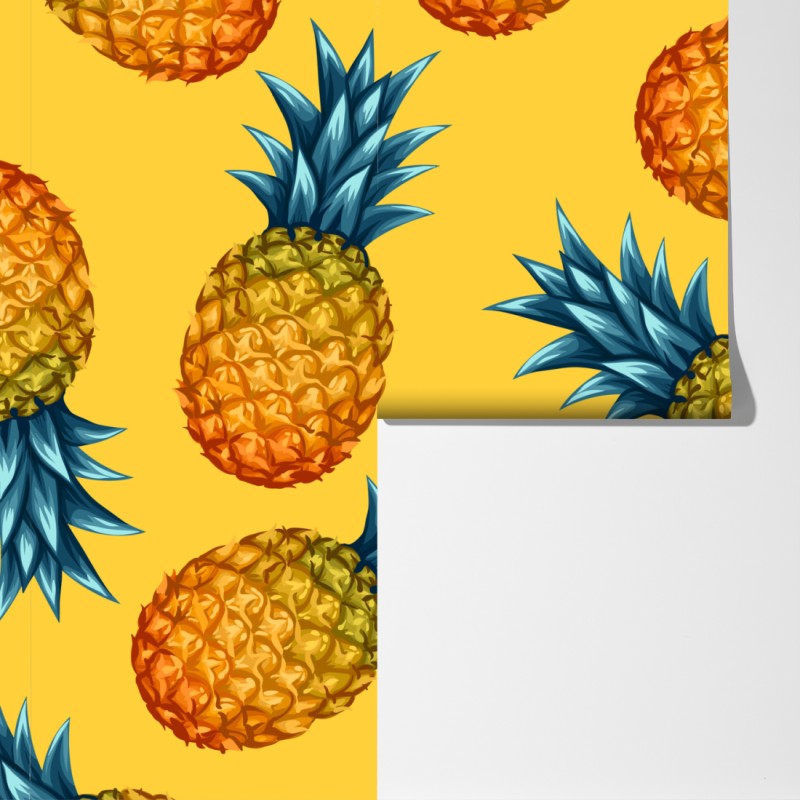 Fototapeta tropikalny wzór z ananasami na żółtym tle – Wallissimo® Fototapeta tropikalny wzór z ananasami na żółtym tle – Wallissimo®