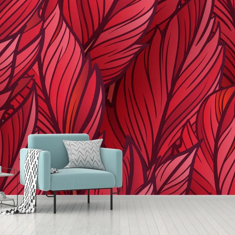 Wall mural red botanical leaf pattern