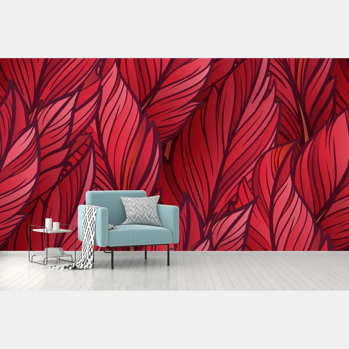 Fototapeta czerwony botaniczny wzór liści – Wallissimo® Fototapeta czerwony botaniczny wzór liści – Wallissimo®